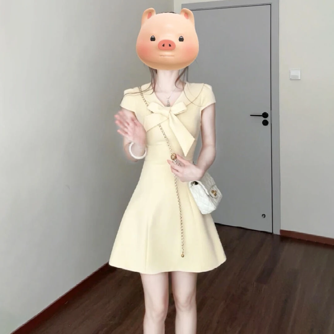4762海军领黄色连衣裙女装爆款小个子巨好看绝美短裙