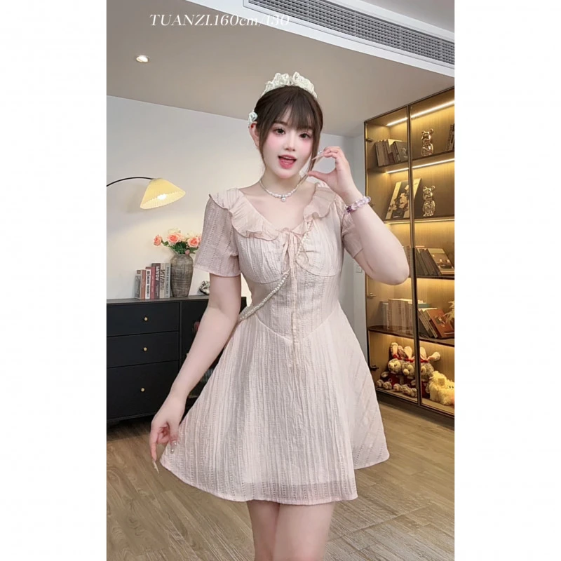 【粉雾香芬】9563胖mmV领短袖连衣裙女夏季新款荷叶边系带显瘦长裙