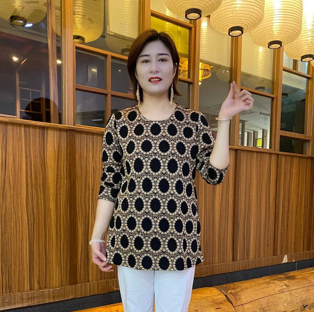 秋季圆领波点复古港风中老年女装中长款宽松t恤休闲