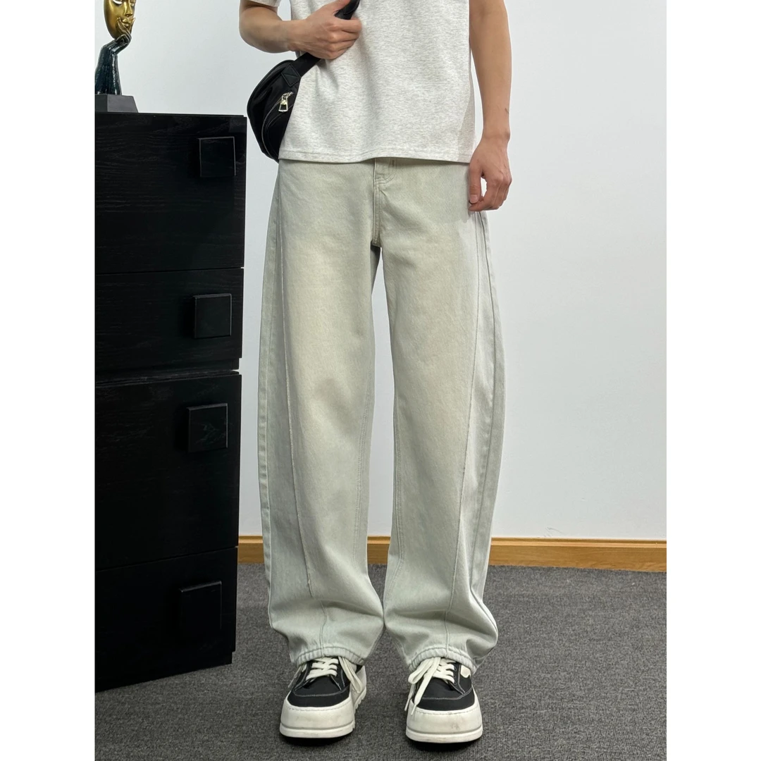 新款春夏男士弯刀牛仔裤立体拼接宽松直筒休闲长裤做旧阔腿裤