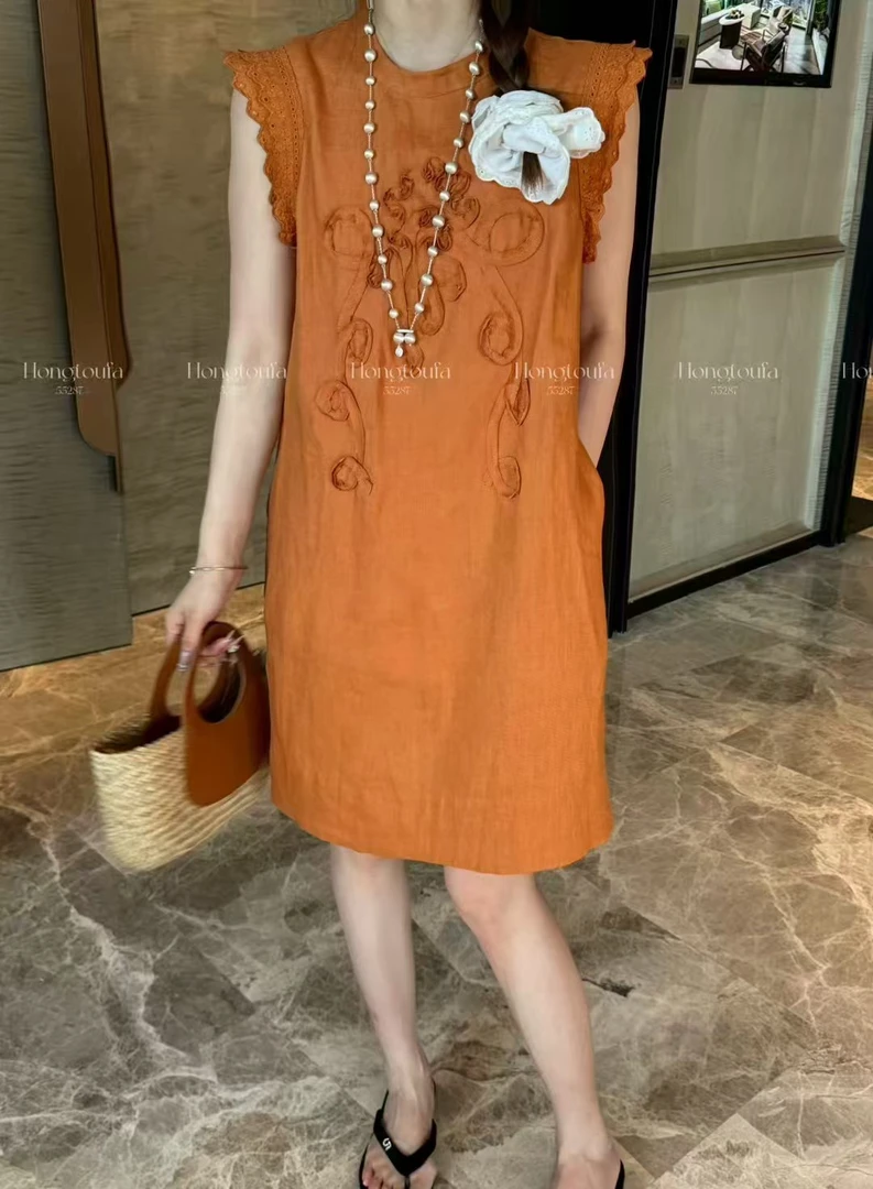 无袖夏季常规圆领短袖连衣裙复古中式美式