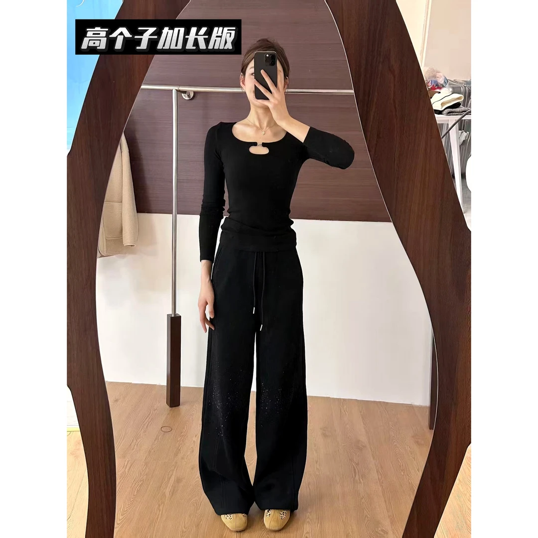 48H【爆闪小香蕉裤】加长加绒加厚渐变碎钻冬显瘦阔腿拖地裤25392