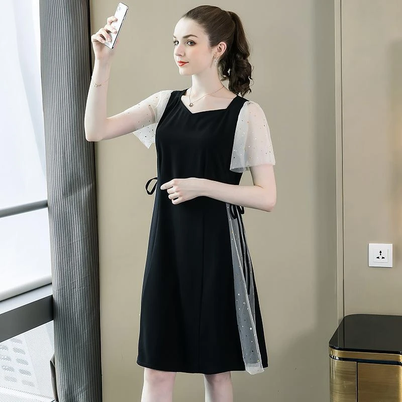 DUCURNO黑色网眼连衣裙女夏季2025新款拼接覆盖腹部假两件收腰裙