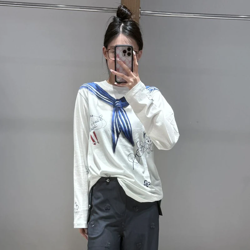 FORDARE/福蝶25早秋海军领涂鸦印花长袖T恤宽松春秋秋季打底白色