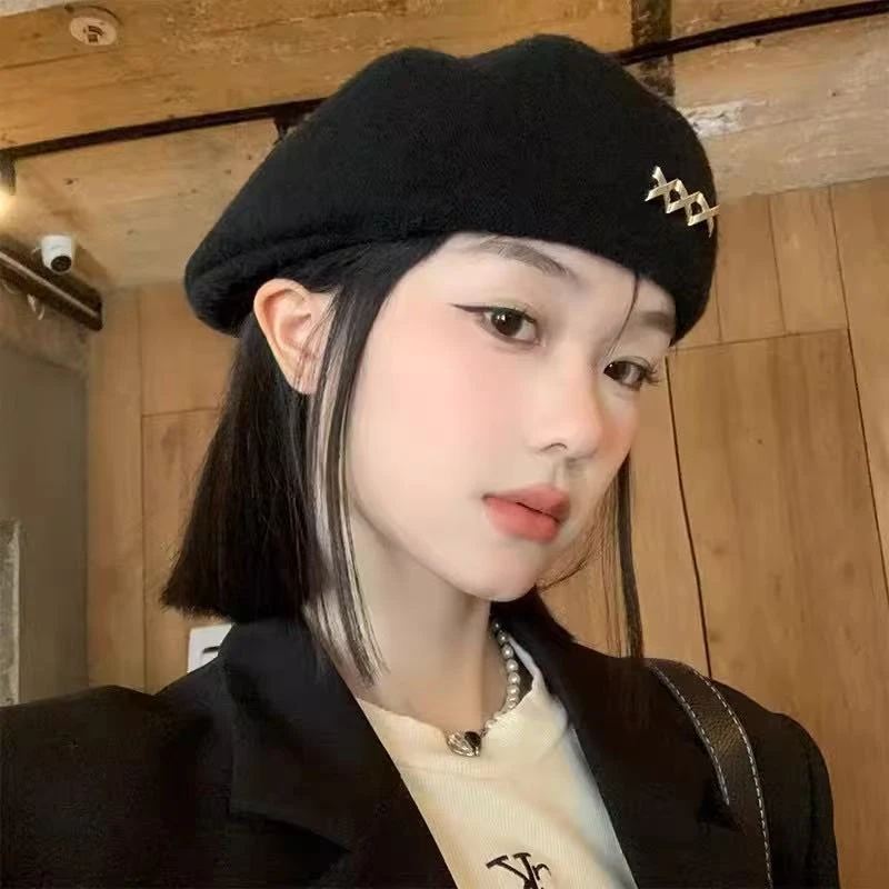 黑色贝雷帽女秋冬季韩系百搭毛呢保暖显脸小帽子画家帽