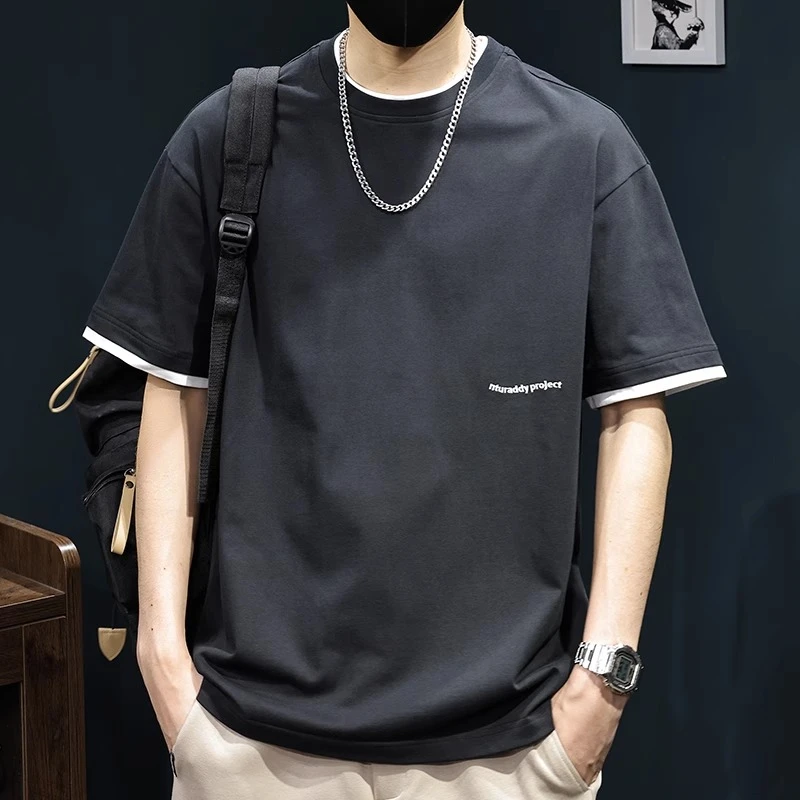 夏季纯棉假两件男士ins短袖t恤重磅潮牌拼接简约新款宽松大码半袖