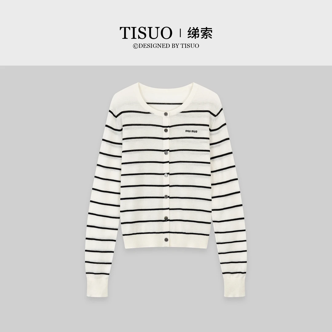 TISUO/绨索MIU风百搭圆领撞色条纹羊毛针织开衫TS591003