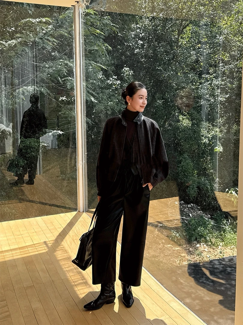 QIMO启茉（福利款A2003#韩版松紧腰老爹裤）黑色