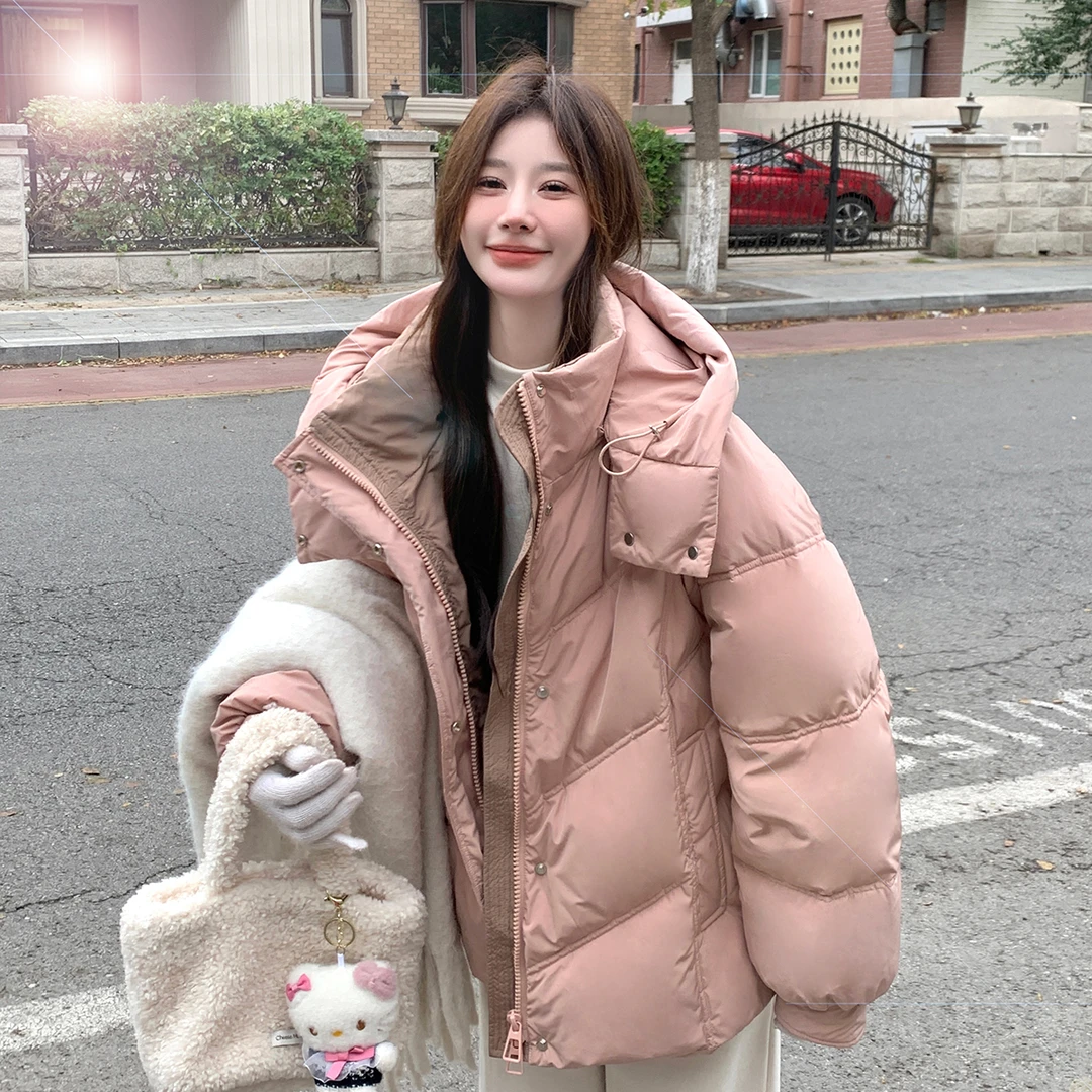 短款连帽粉色羽绒服女冬季新款加厚小个子保暖90白鸭绒面包服外套
