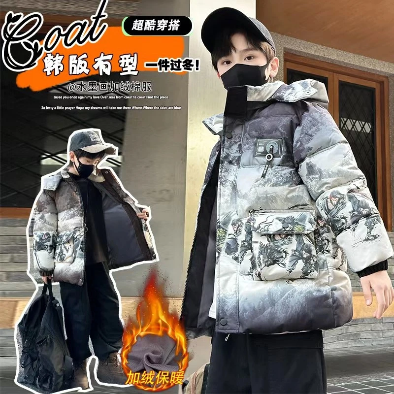 加绒韩版中长款中大童冬季童装时尚冬装外套男童棉衣圆领保暖悟空