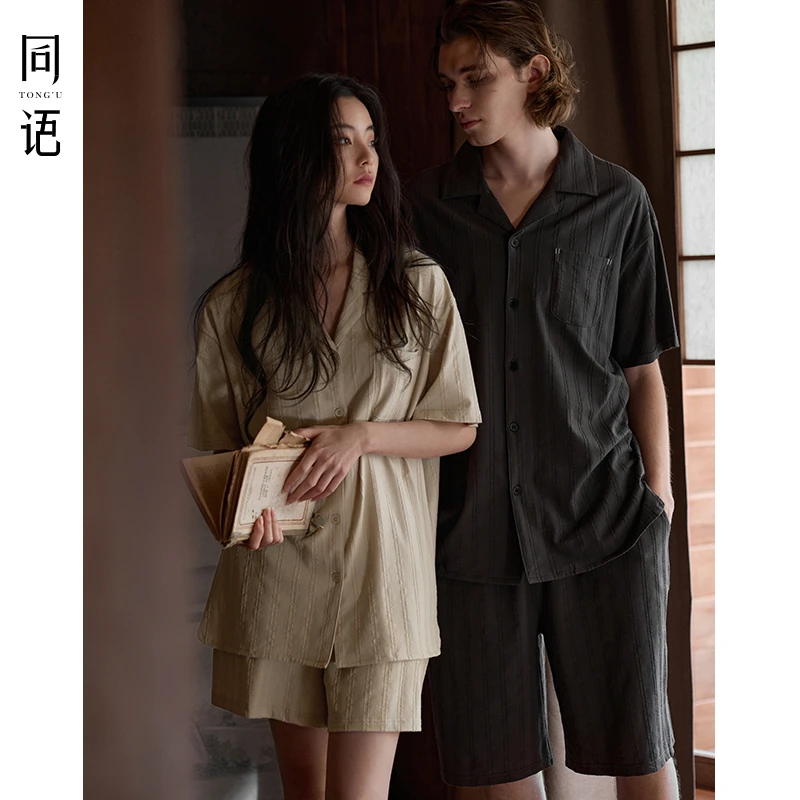 同语25年情侣睡衣夏季凉感纯棉睡衣女条纹套装家居服男可外穿夏天