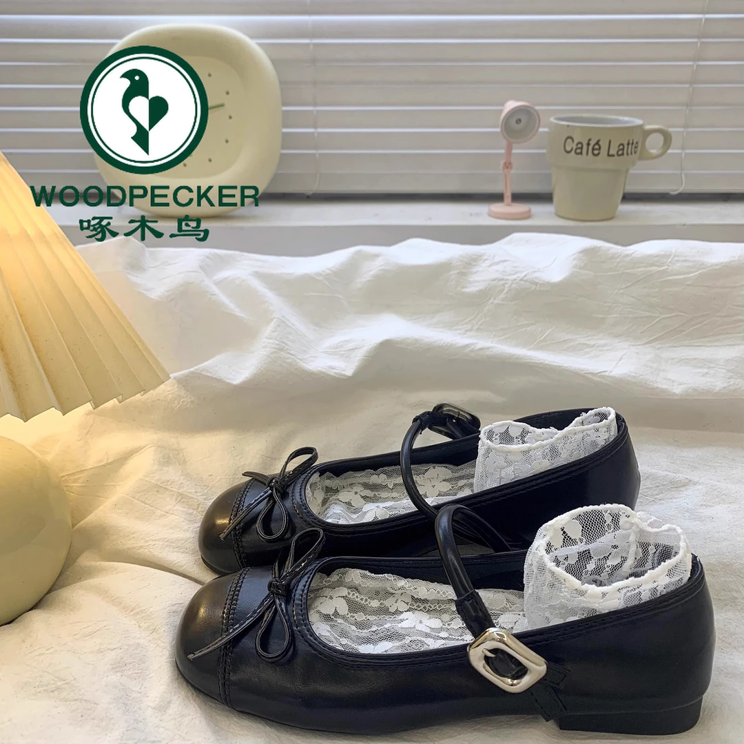啄木鸟2025春夏季新款百搭小皮鞋女法式圆头蝴蝶结平底单鞋女浅口