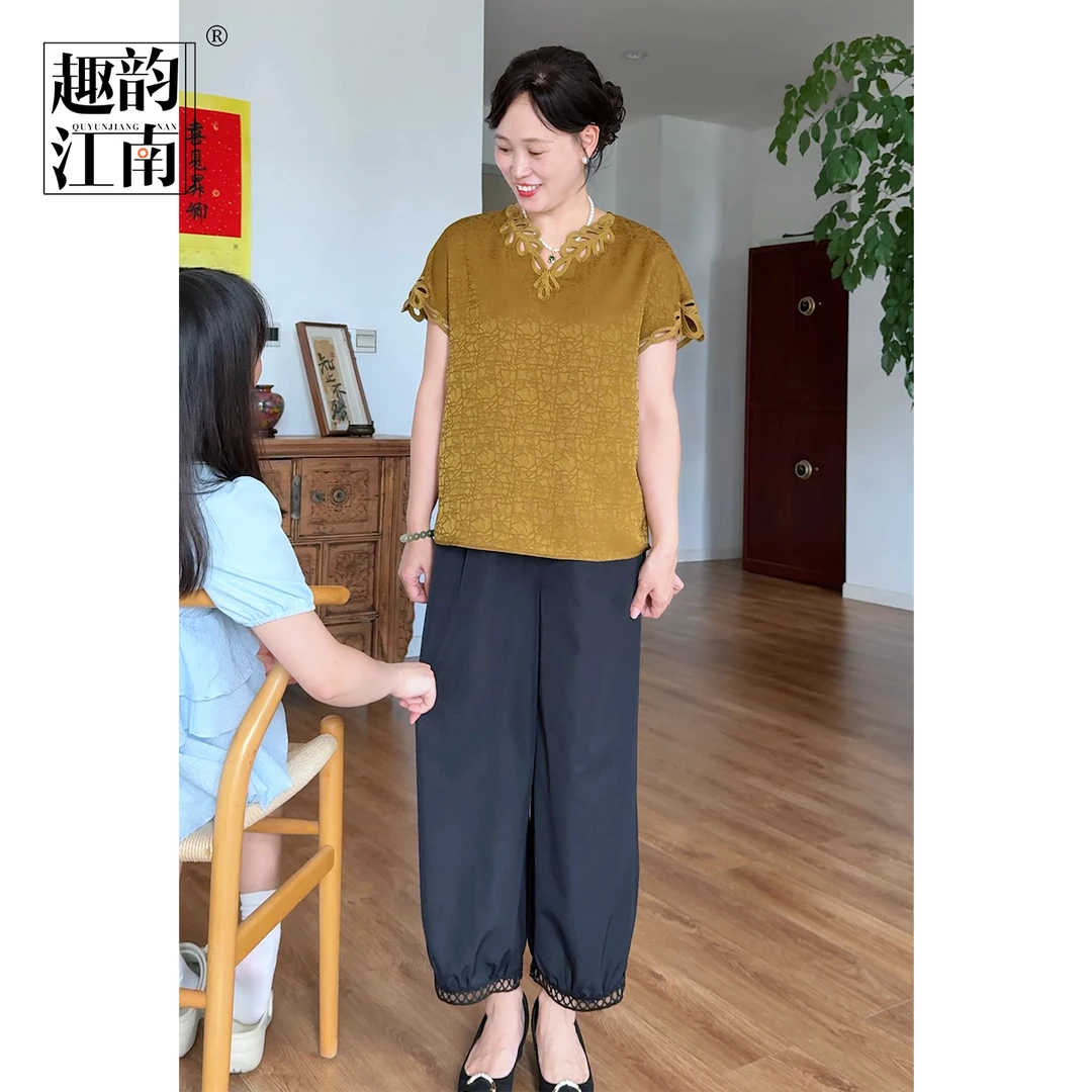 趣韵江南妈妈装夏季新中式提花花边镂空上衣套装中老年女休闲小衫