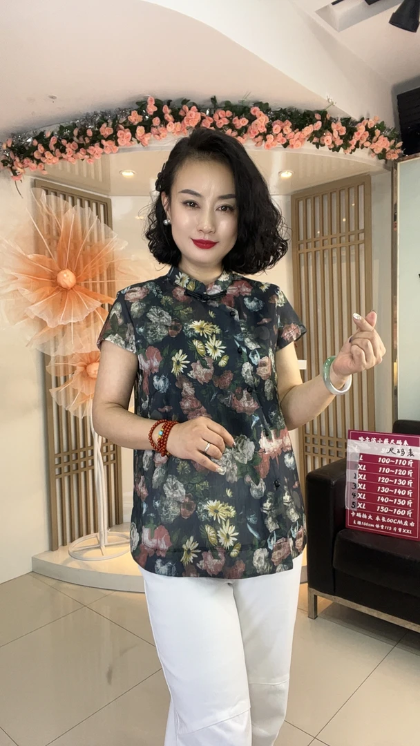 新中式千朵玫瑰高级感盘扣舒适透气冰丝减龄斜扣短袖衬衫1811