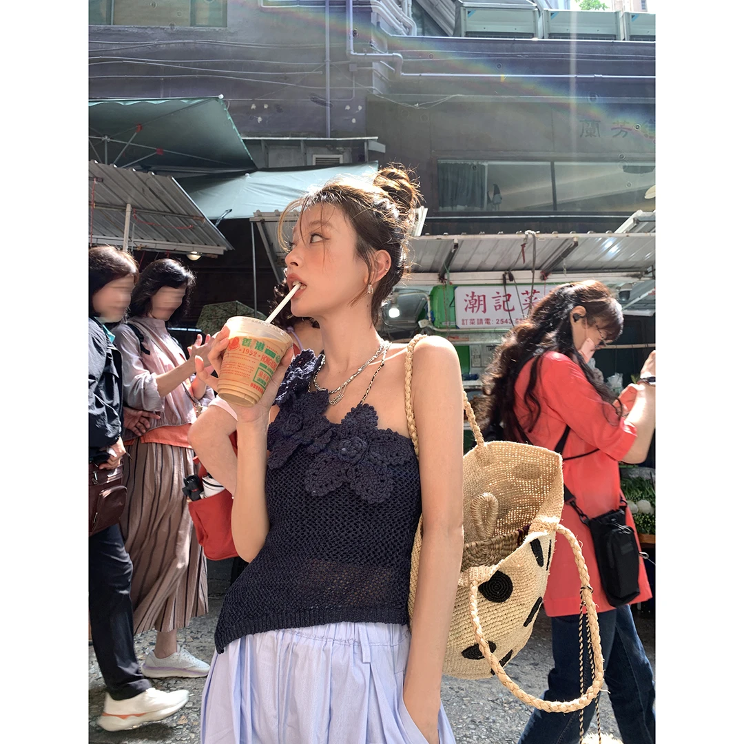 【走花路】立体花辣妹单肩针织背心女4286