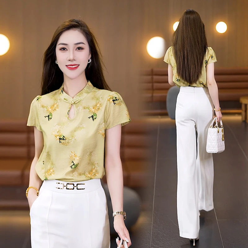 时尚洋气印花短袖新中式国风衬衫女士夏季新款设计感小衫气质衬衣