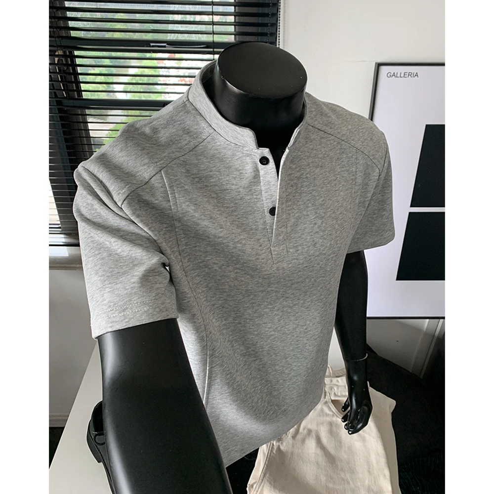 浅灰色解构亨利领短袖t恤男夏季美式boxy版型polo衫痞帅宽松上衣