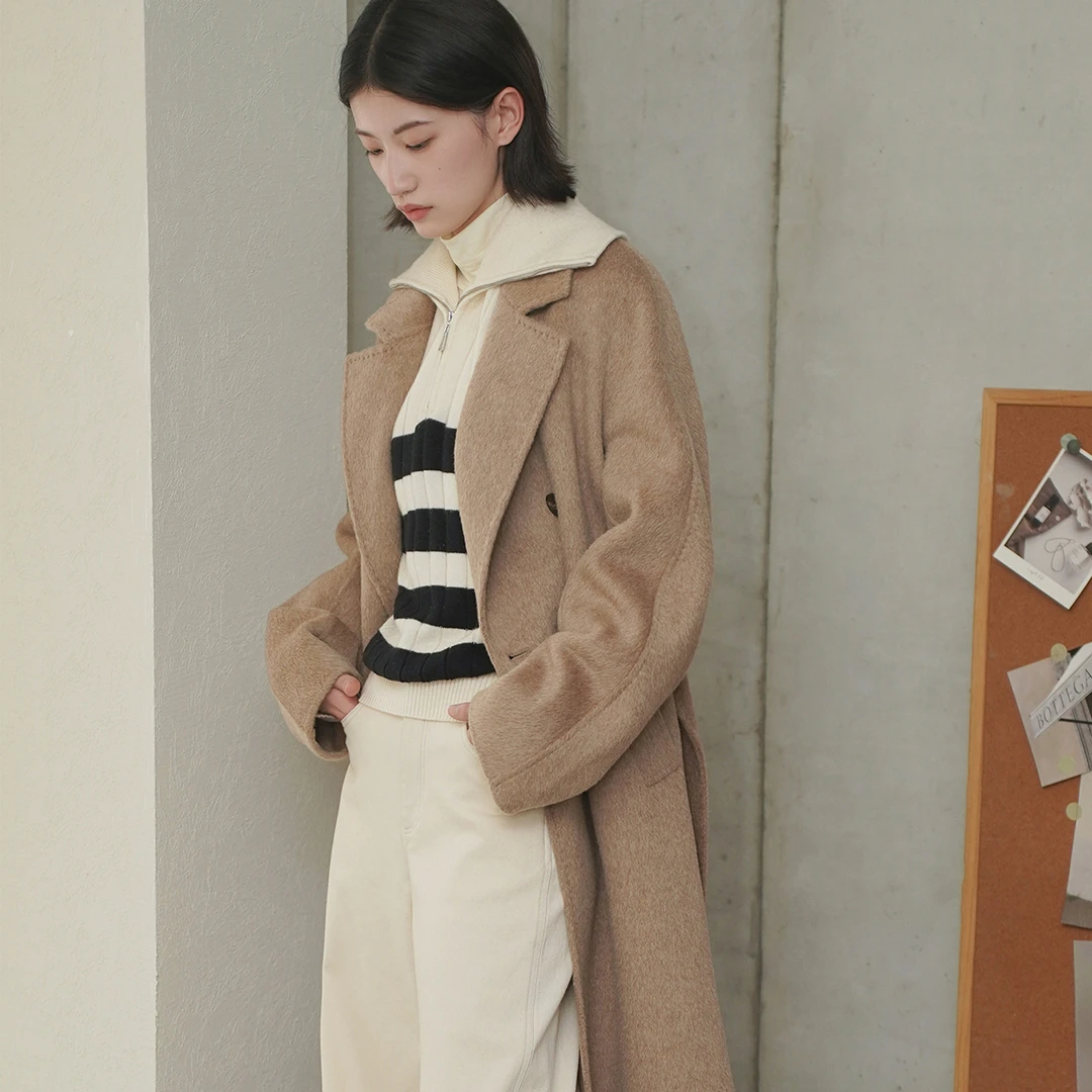 COVERINS冬季新款雅丹风兔毛绵羊毛混双面呢大衣外套CC34580080