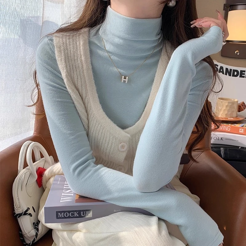 蓝色高领打底衫女春秋冬内搭2025新款修身高级感洋气堆堆领上衣