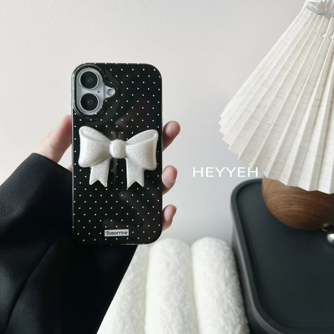 甜美波点立体蝴蝶结适用iPhone16pro手机壳苹果15新款13不撞款
