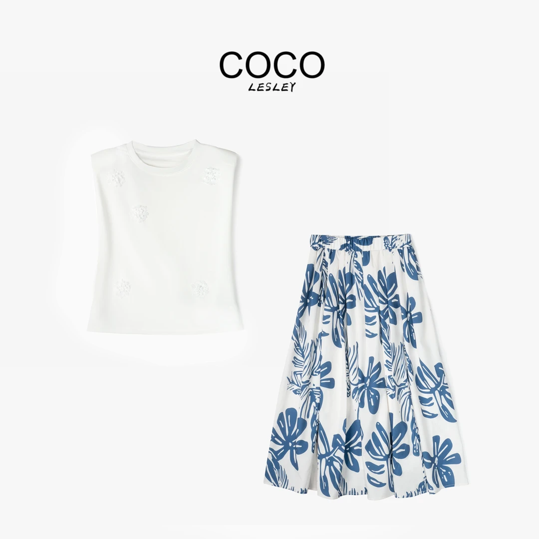 2025超火夏装一整套独特漂亮上衣蓝色印花半身裙大方得体两件6024