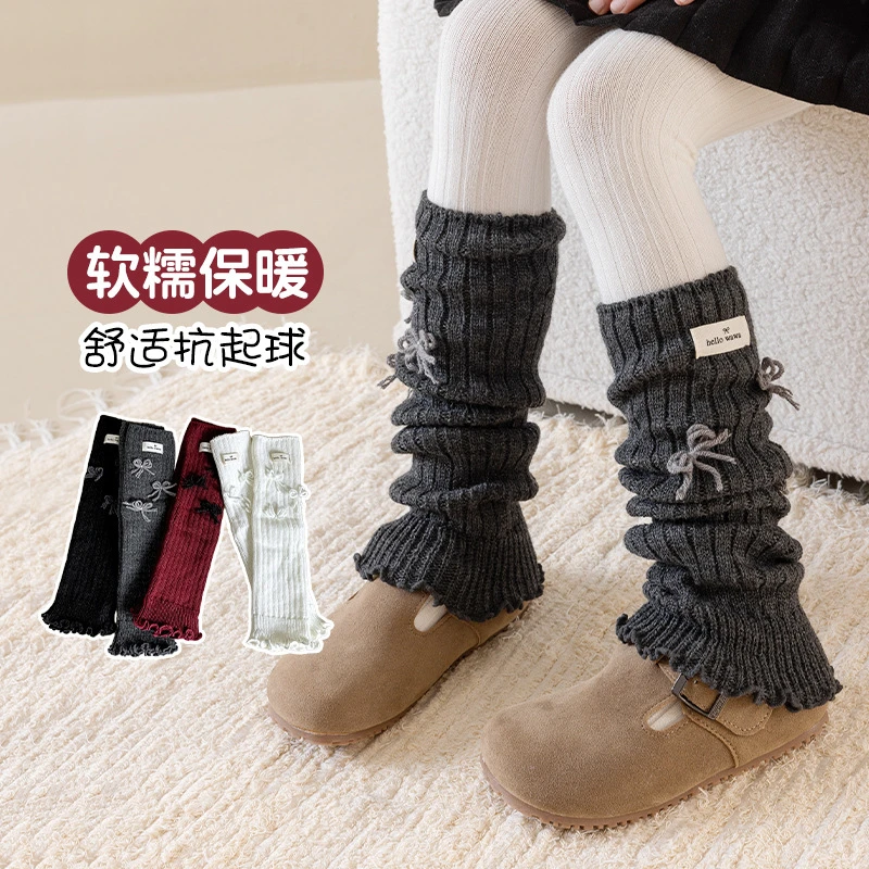 儿童袜套秋冬新款加厚堆堆袜女童蝴蝶结木耳边保暖日系小腿袜韩版