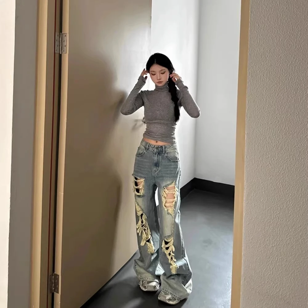 美式辣妹破洞牛仔裤女2025夏季新款复古高街设计感高腰宽松直筒裤