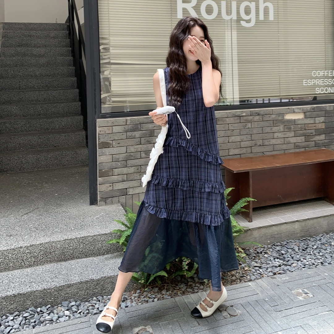 拼接格子无袖套头夏季长裙连衣裙小众复古气质碎花显瘦裙子时尚