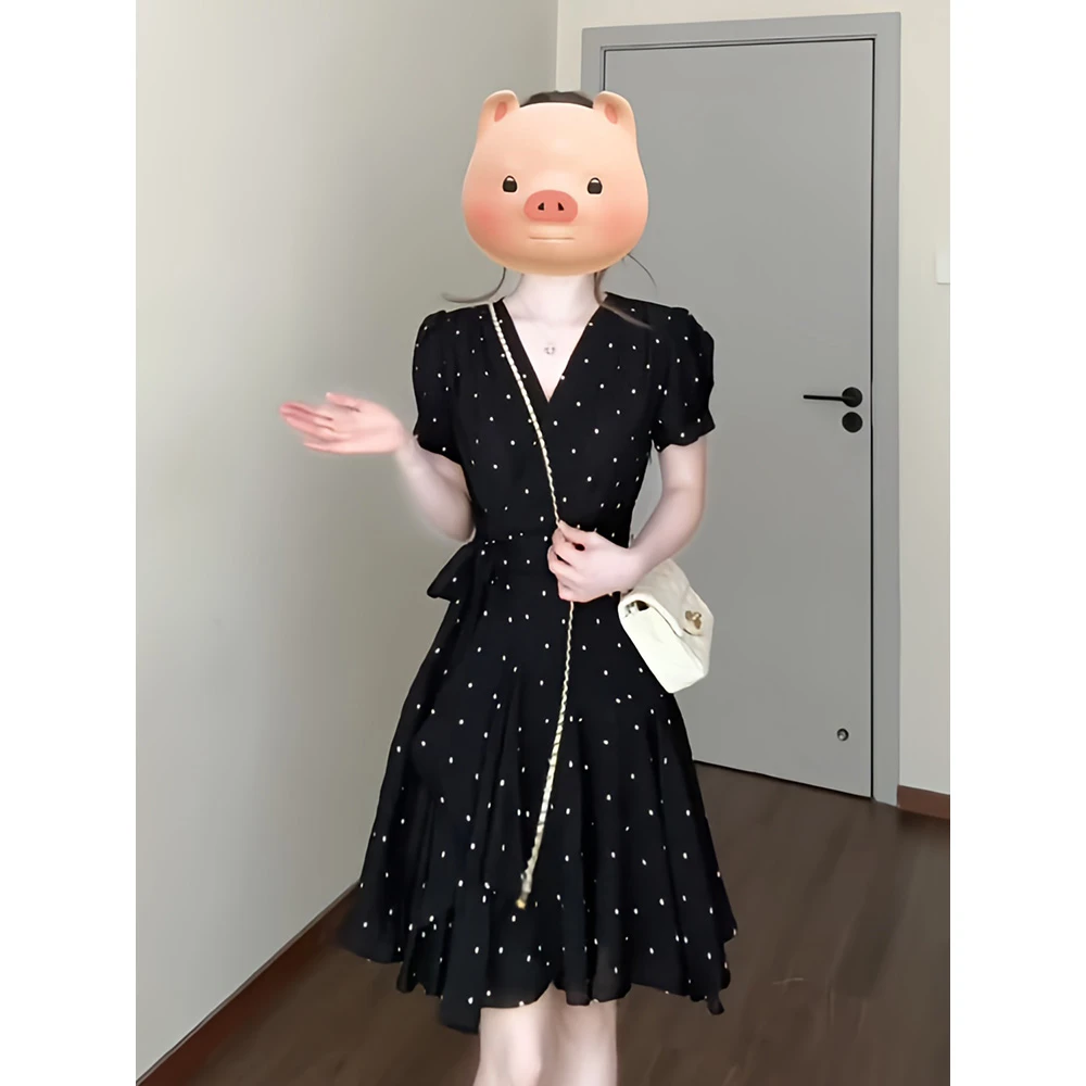 黑色碎花连衣裙女夏季法式优雅V领收腰设计气质小黑裙洋气衣服女