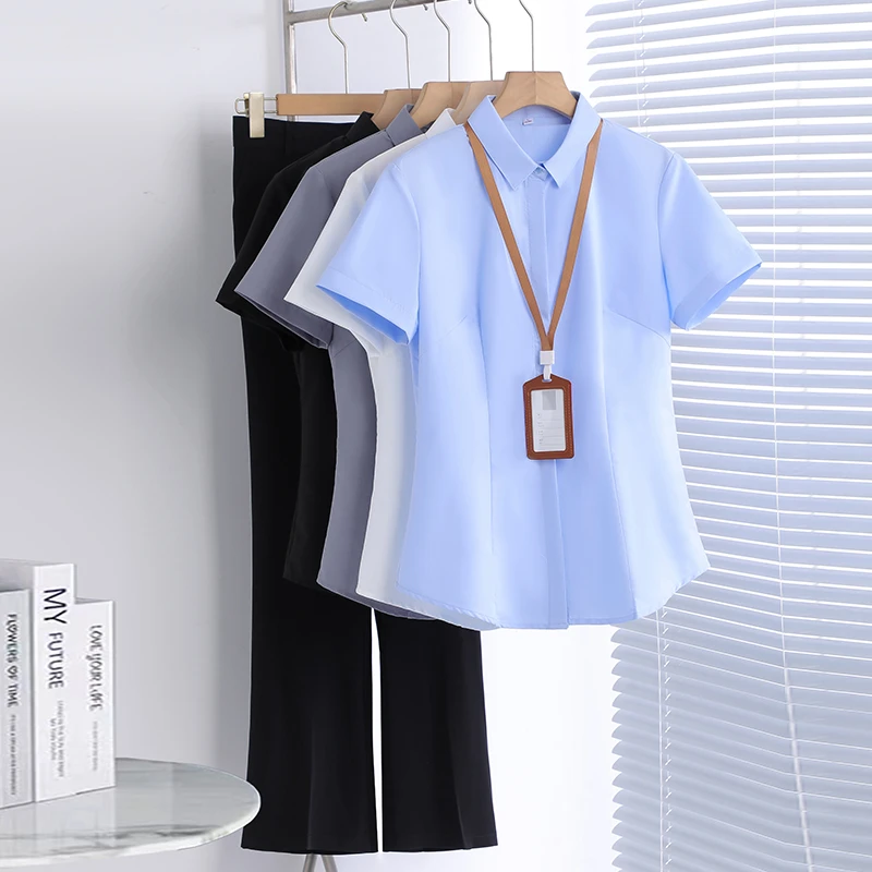 白色衬衫女夏季面试职业套装2025新款酒店前台工作服工装短袖衬衣