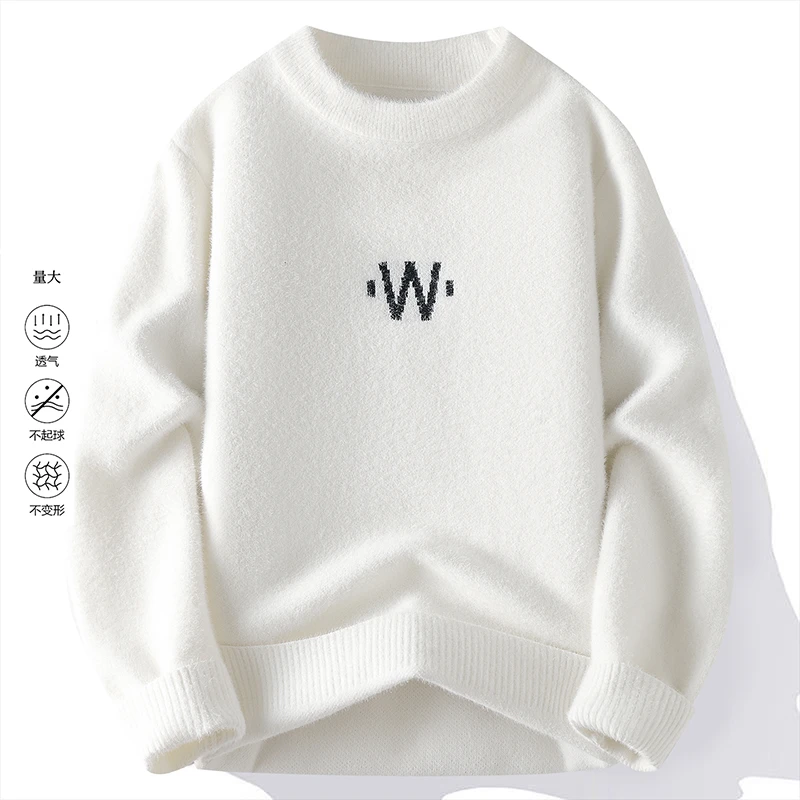 【水貂绒 高品质】加绒加厚冬季男士印花毛衣宽松半高领针织衫544