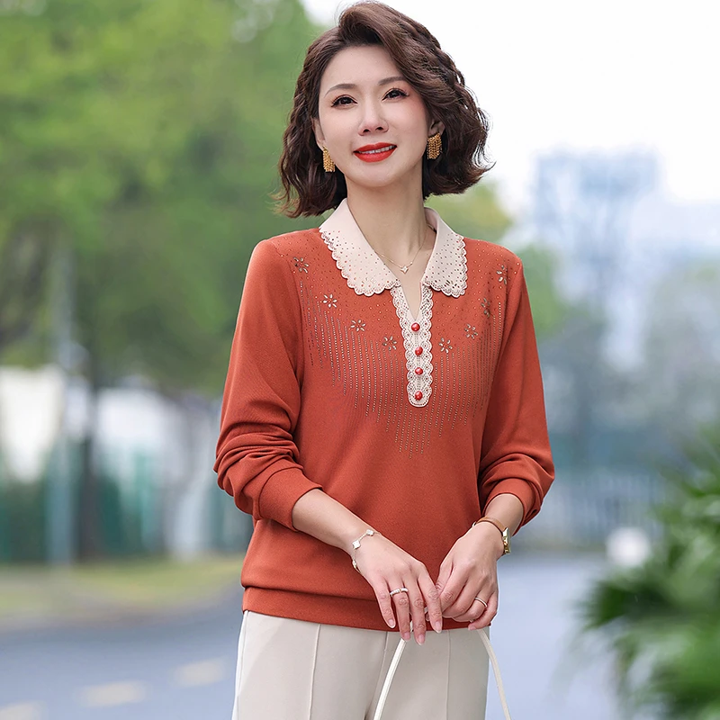 2025春季新款妈妈装针织小衫中老年女装时尚长袖T恤翻领