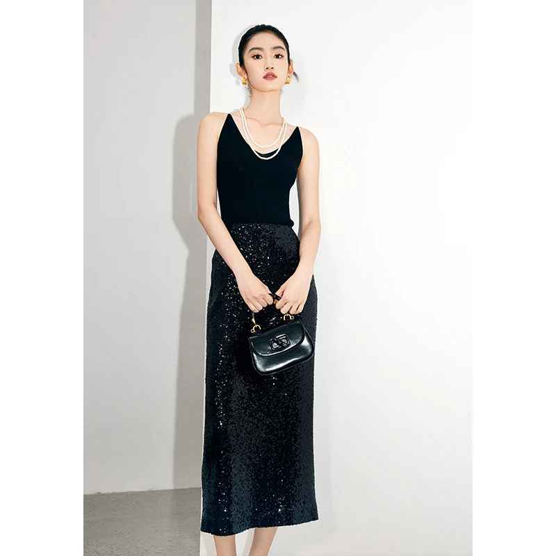 【粉丝专享】MandyZhang亮片半身裙女秋款复古摩登长裙MBBQ581
