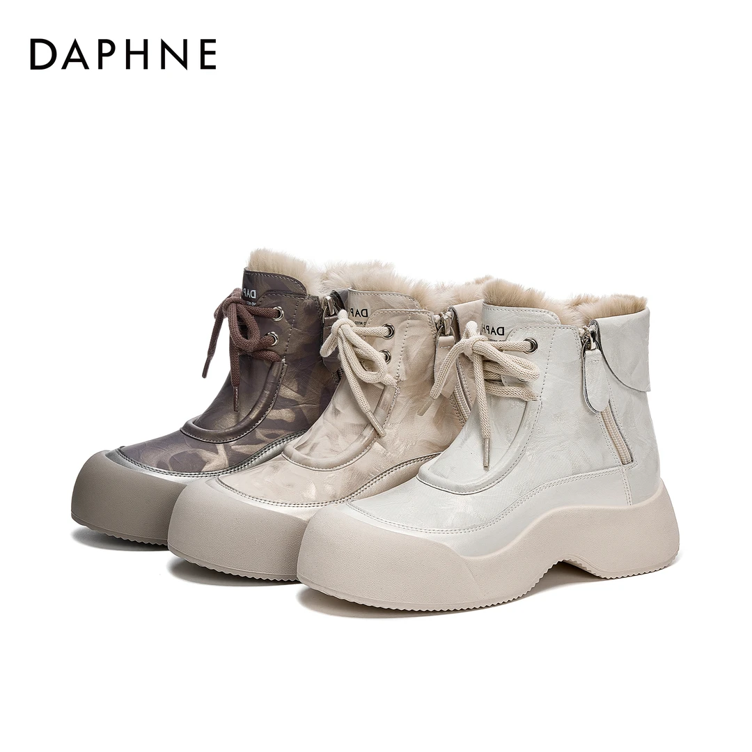 2025达芙妮冬季加绒厚底雪地靴防水短靴毛绒口系带拉链保暖靴