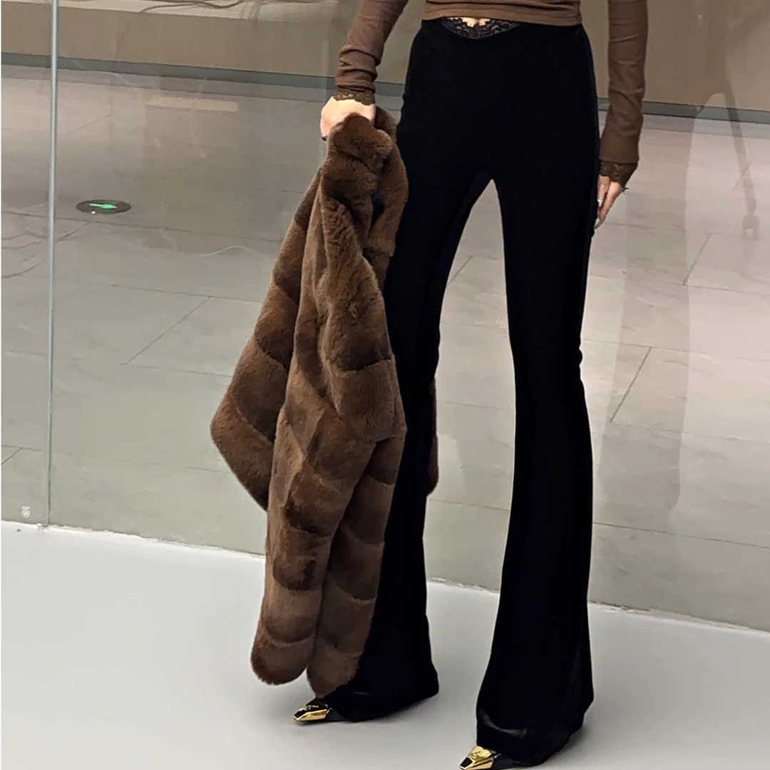 G. yantong/郭彦彤丝绒蕾丝微喇裤女冬款休闲裤修身显瘦腿精KZL26