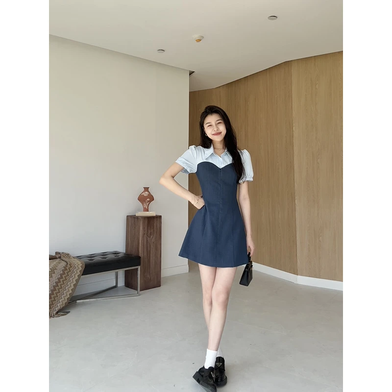 张阿星【芬兰之旅】港味拼接显瘦清新显瘦假两件连衣裙W425Q03398