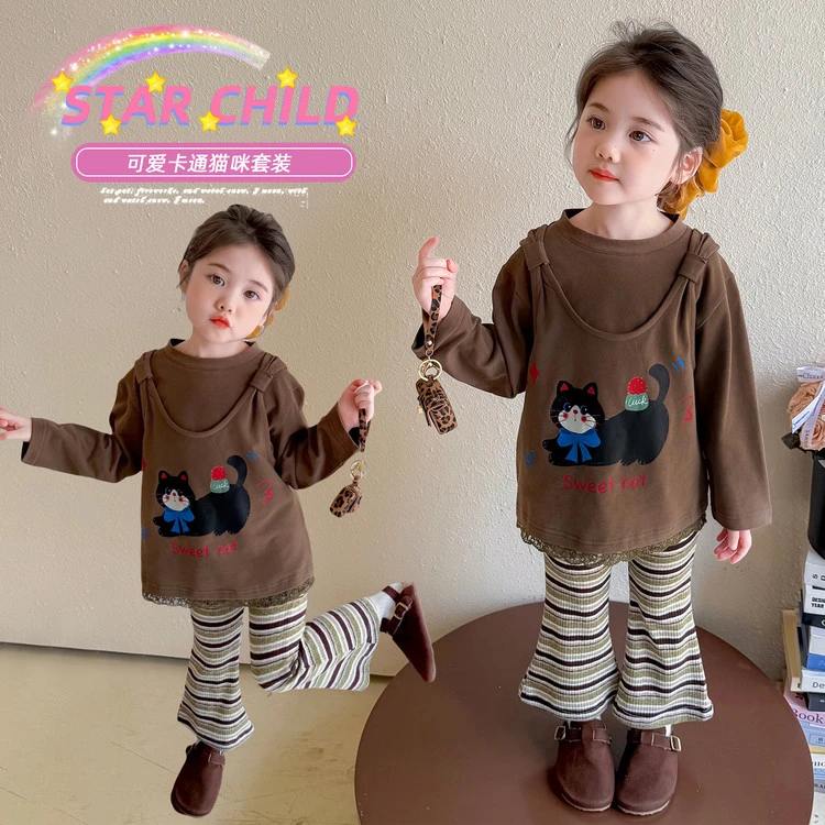 新款女小童秋季韩版卡通猫咪假两件T恤条纹喇叭长裤洋气宝宝套装