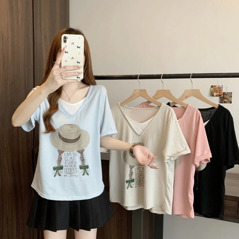 大码女装2025夏季新款显瘦胖mm动漫印花V领短袖T恤上衣1897