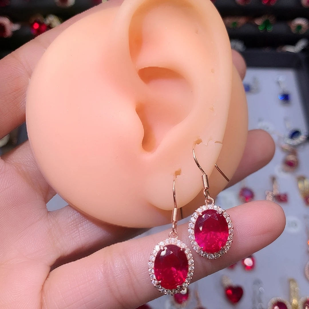 红宝石耳饰银S925镶嵌8100