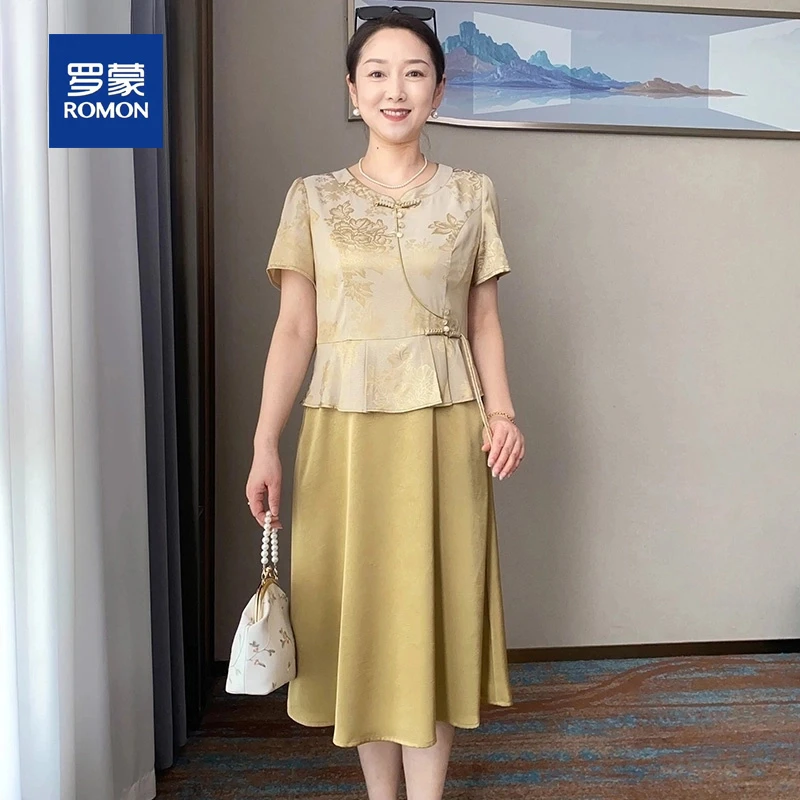 罗蒙新品气质妈妈装新中式假两件连衣裙夏季新款中年女短袖长裙子