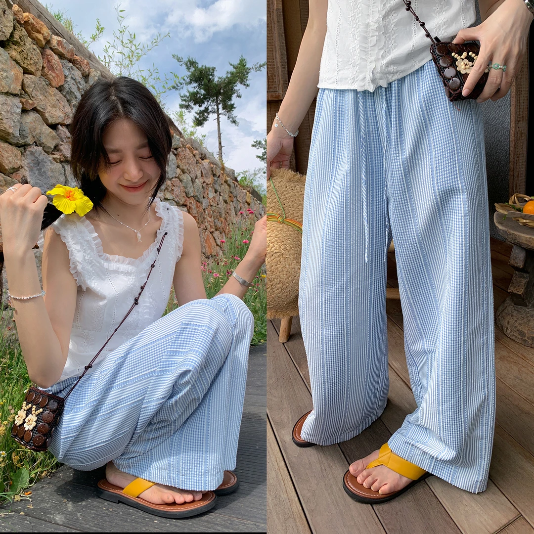 【西西里安】周末遛弯裤~肌理感条纹拼格子休闲阔腿裤