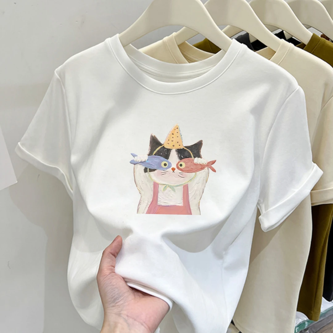 2025新款圆领抓小鱼的猫咪印花纯棉短袖小个子女修身显瘦百搭上衣