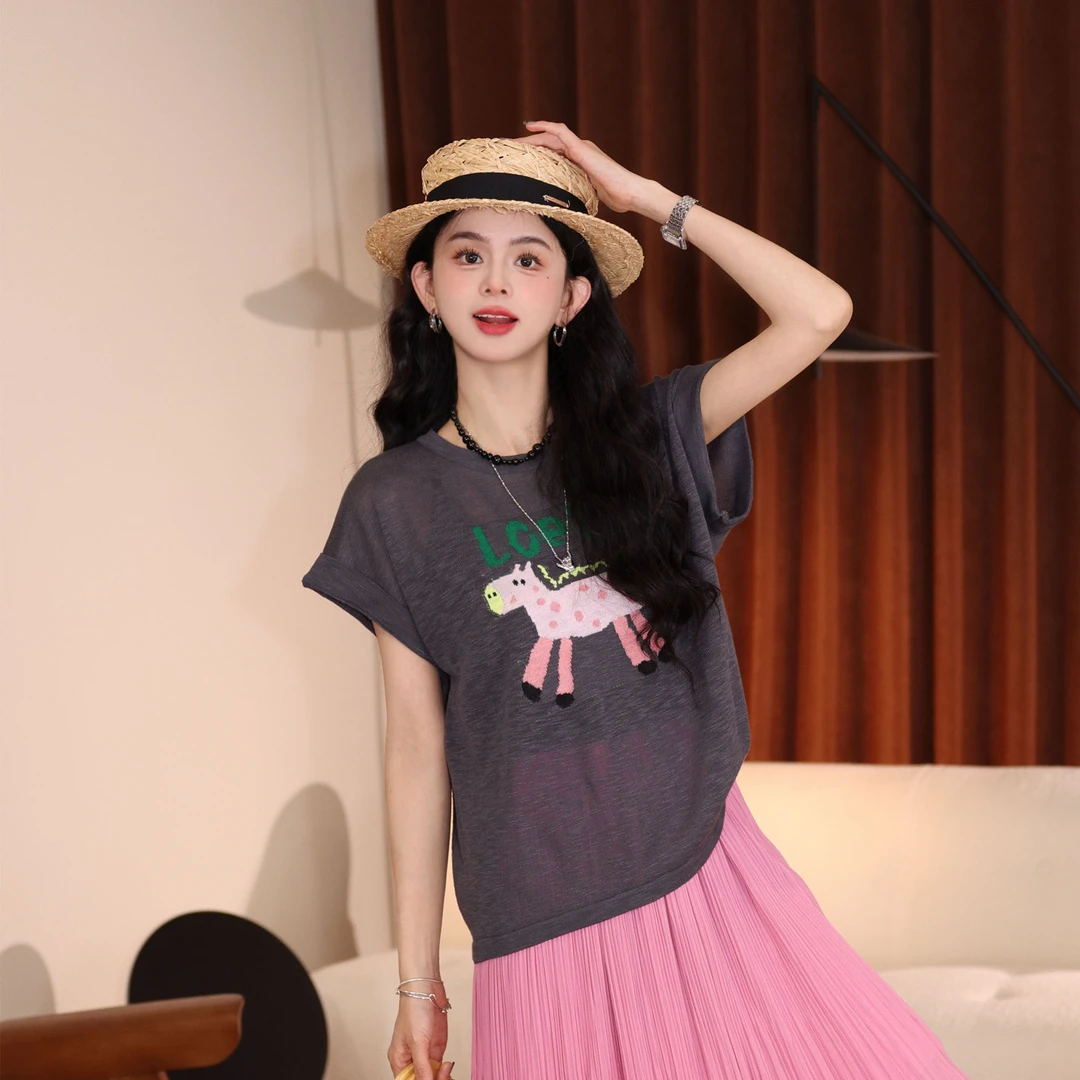 陈佳洁【小粉马】夏季印花短袖T恤女休闲慵懒夏季文艺上衣JC1988471