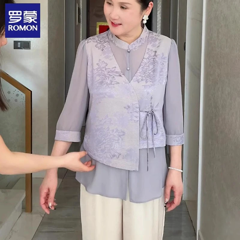 罗蒙妈妈装民族风小衫春夏季新款时尚套装休闲风百搭中老年女装