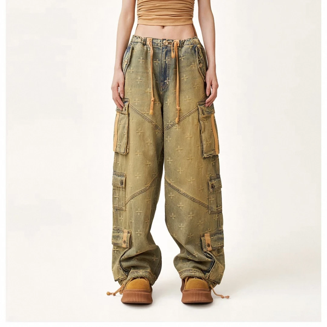 实拍复古潮流高腰阔腿伞兵裤街头提花弹力长裤神殿花园黄