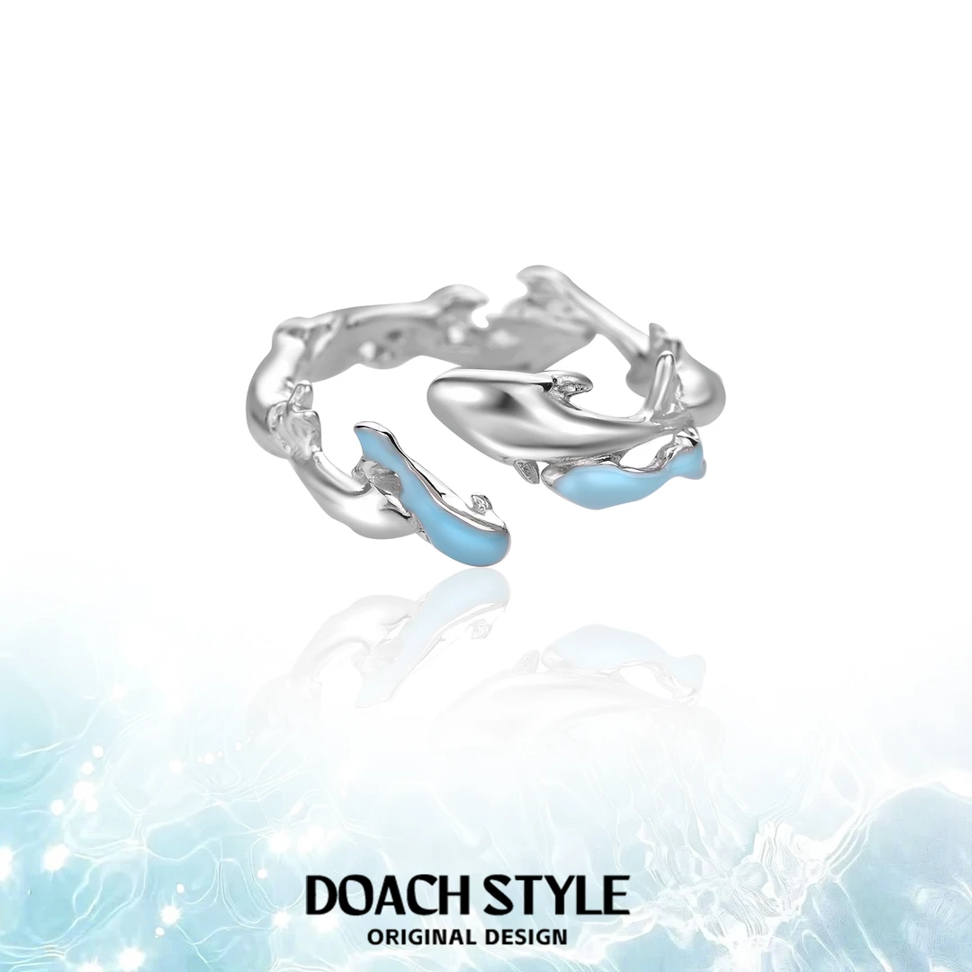 925银戒指 原创鱼形戒指高级感不掉色指环蓝色小鱼开口食指戒