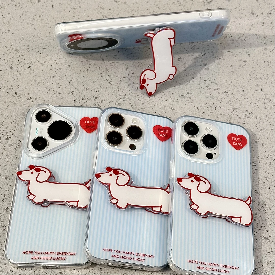 ins简约条纹小狗支架适用苹果16/13手机壳14华为vivoppo小米15套