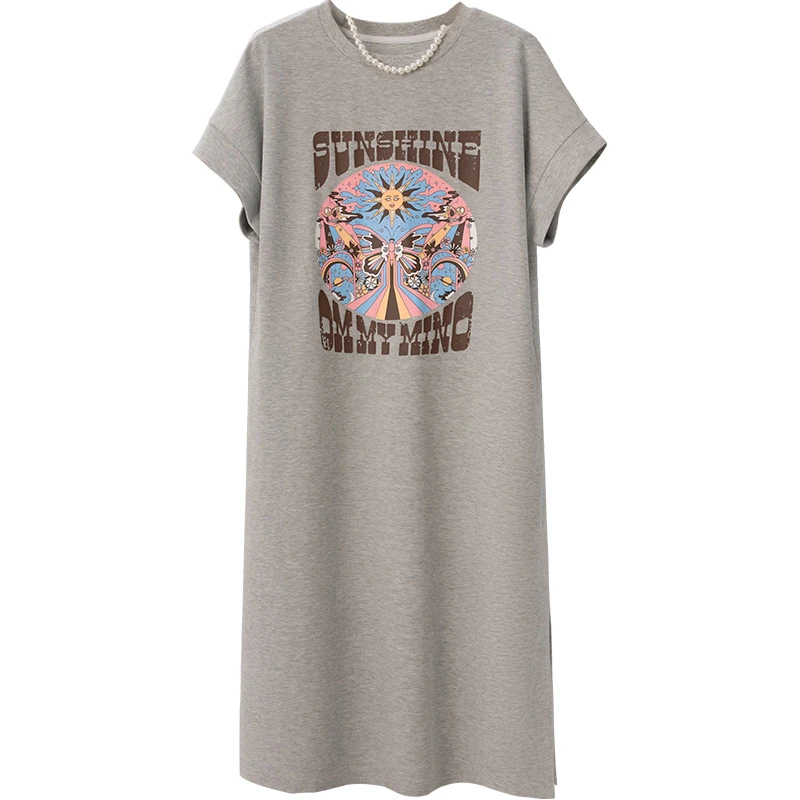 丝柏舍2025夏装新款女宽松显瘦短袖字母印花圆领连衣裙S42R1296L