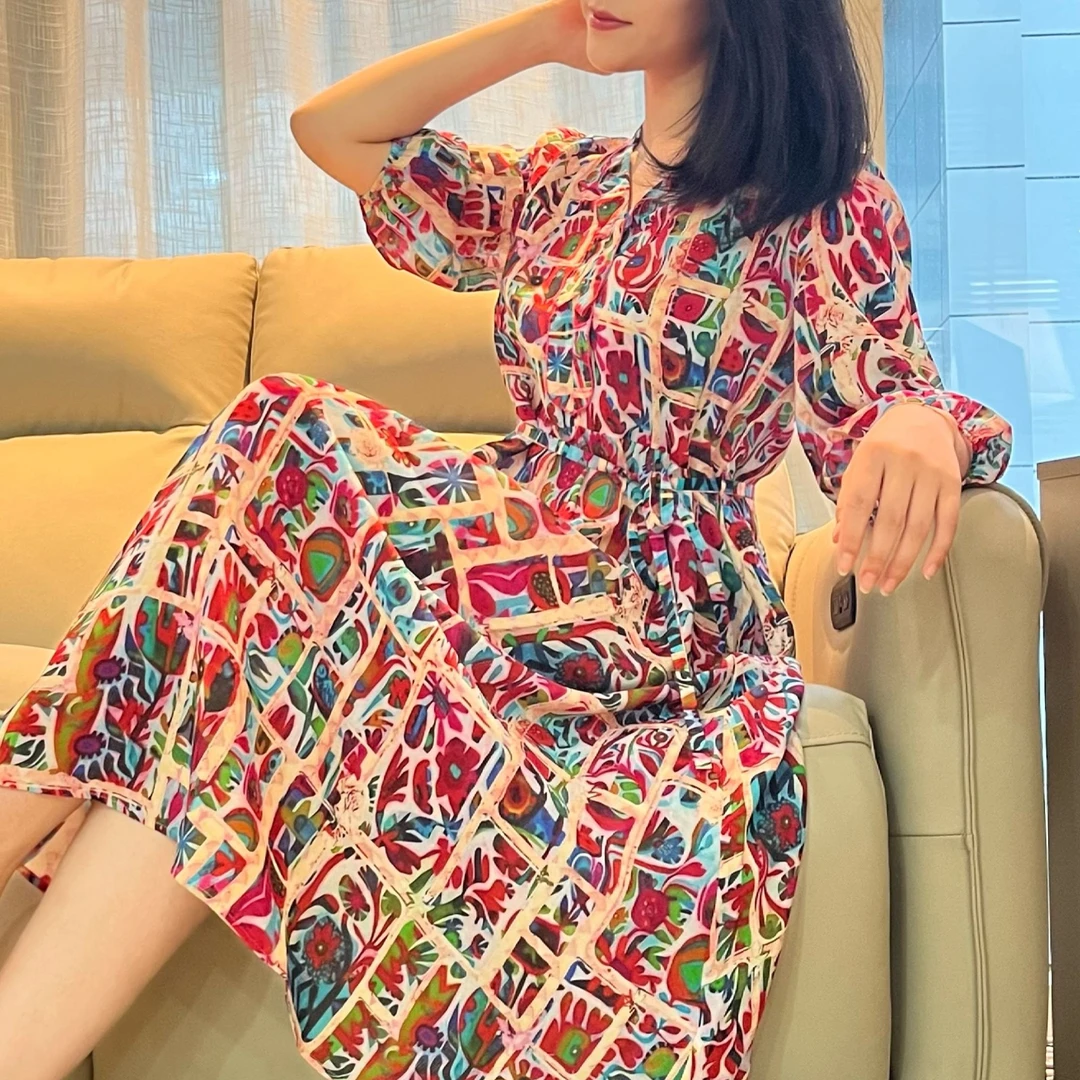 【萨拉迪恩】桑蚕丝中长裙中腰碎花创意印花连衣裙子