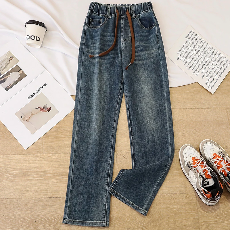 复古蓝松紧腰牛仔裤女春秋2025新款宽松大码小个子窄版直筒阔腿裤